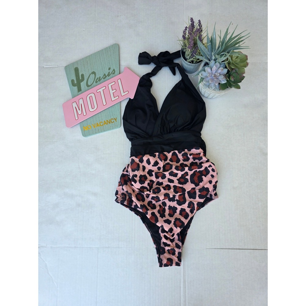 Halter One-Piece Swimsuit - Leopard Print Pink & Black Mob Wife Style Large NIB